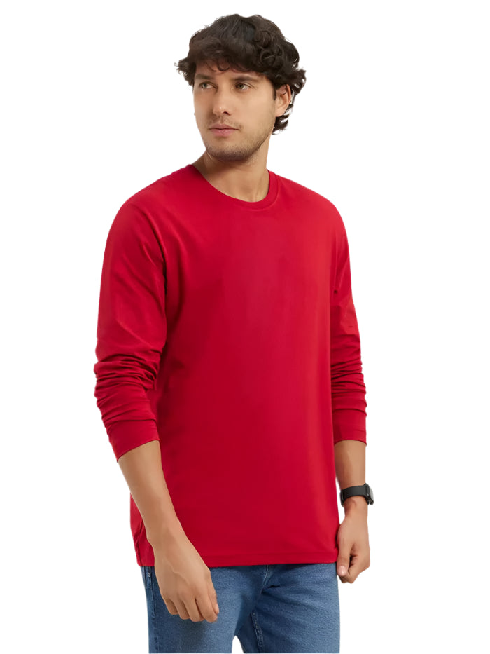 Men's Super Combed Cotton Rich Solid Round Neck Full Sleeve Shanghai Red T-Shirt