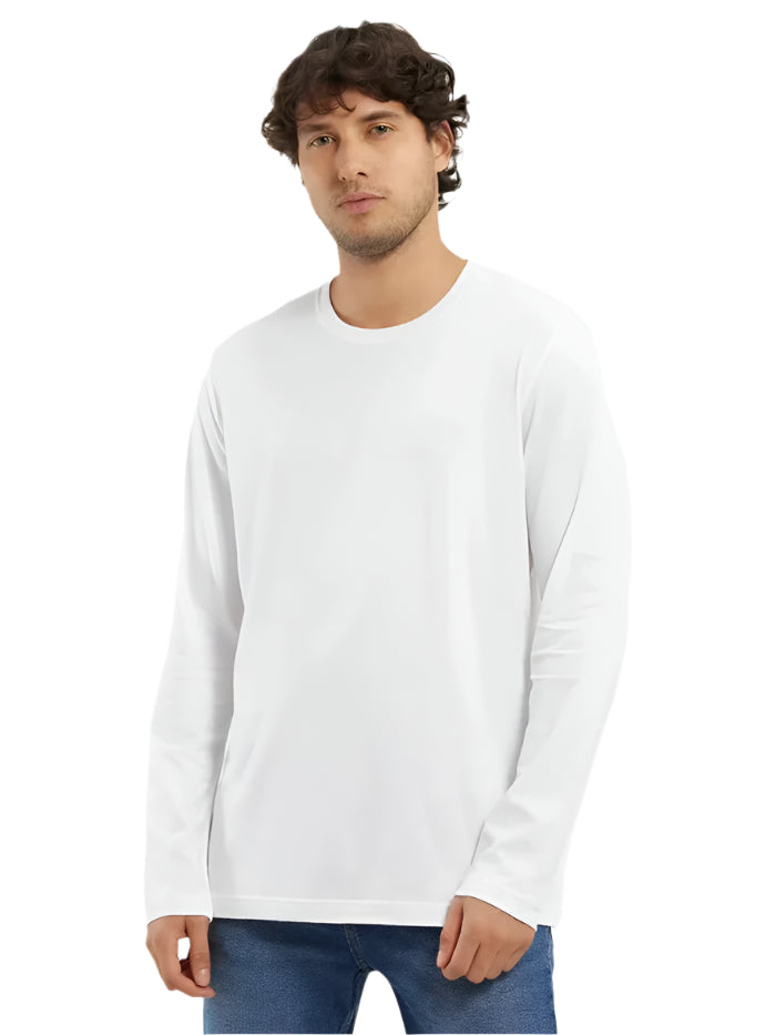 Men's Super Combed Cotton Rich Solid Round Neck Full Sleeve White T-Shirt