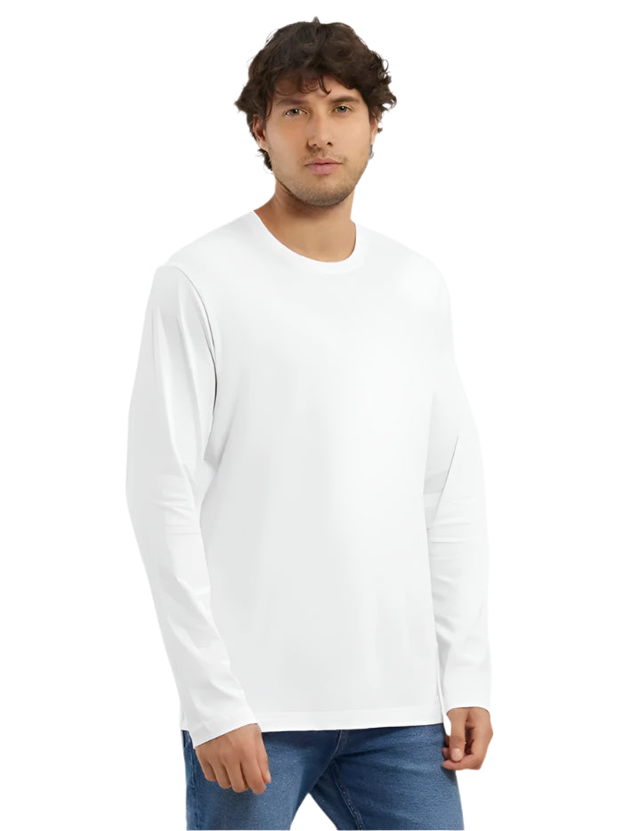 Men's Super Combed Cotton Rich Solid Round Neck Full Sleeve White T-Shirt