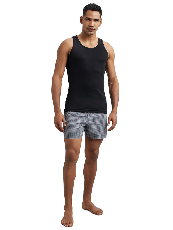 Men&#39;s Super Combed Cotton Rib Round Neck Sleeveless Black &amp; Neon Blue Vest