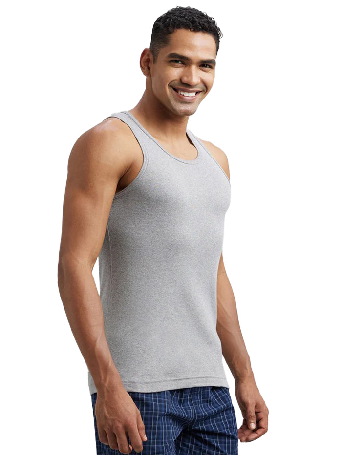 Men's Super Combed Cotton Rib Round Neck Sleeveless Grey Melange & Teal Green Vest