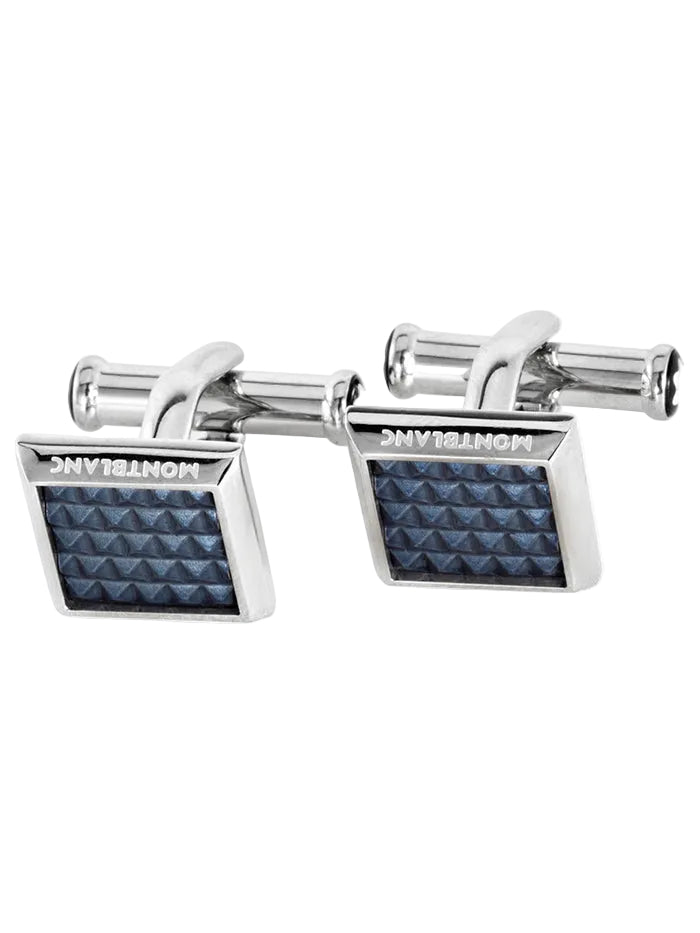 MONTBLANC RECTANGULAR CUFFLINKS IN STAINLESS STEEL WITH BLUE PATTERNED INLAY