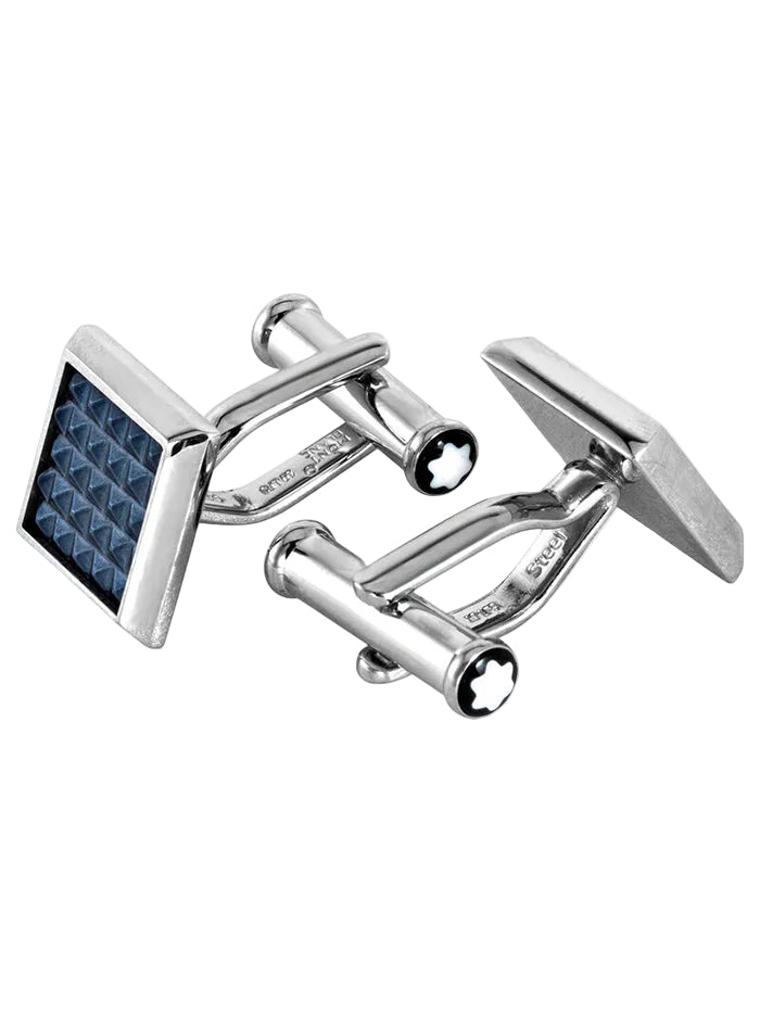 MONTBLANC RECTANGULAR CUFFLINKS IN STAINLESS STEEL WITH BLUE PATTERNED INLAY