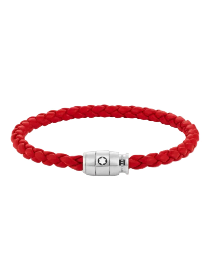 MONTBLANC STEEL BRACELET WITH 3-RING CLOSURE AND RED LEATHER