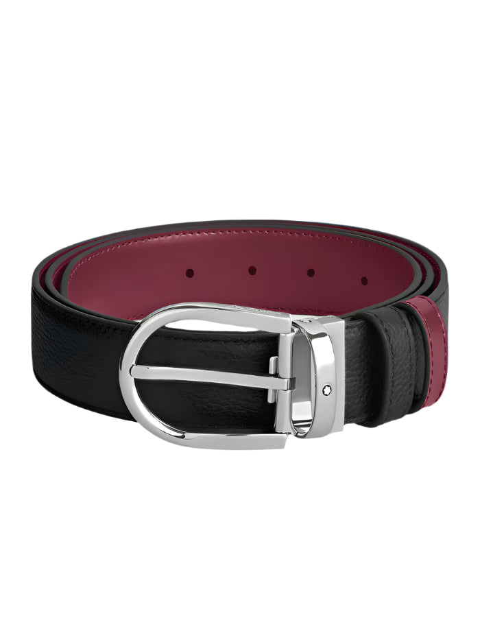 Montblanc - Black grain/cassis plain 35mm reversible leather belt with horseshoe buckle