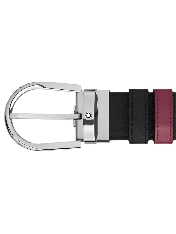 Montblanc - Black grain/cassis plain 35mm reversible leather belt with horseshoe buckle