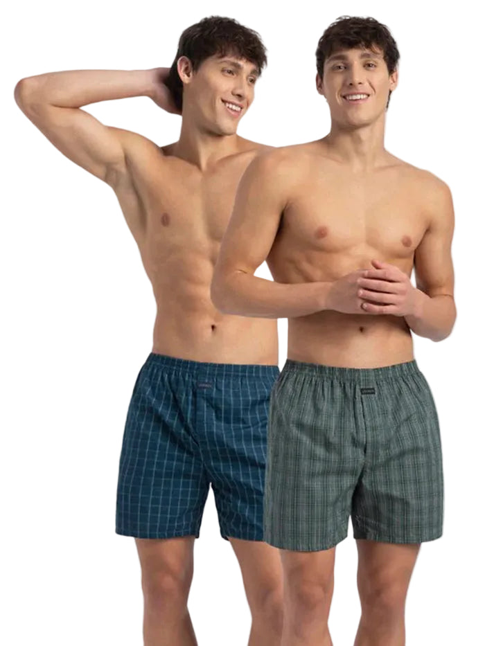 Super Combed Mercerized Cotton Woven Checkered Boxer Shorts with Back Pocket (Pack of 2)