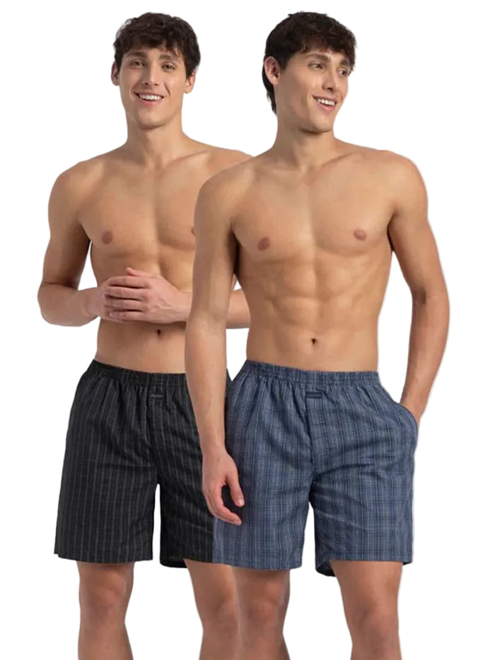 Super Combed Mercerized Cotton Woven Checkered Boxer Shorts with Side Pocket (Pack of 2)