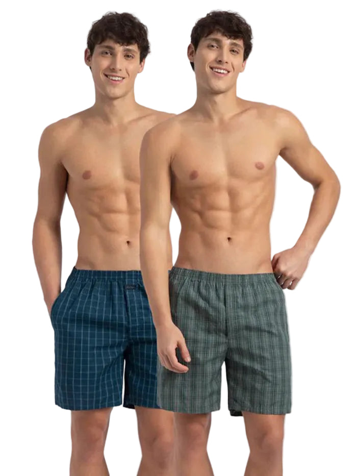 Super Combed Mercerized Cotton Woven Checkered Boxer Shorts with Side Pocket (Pack of 2)