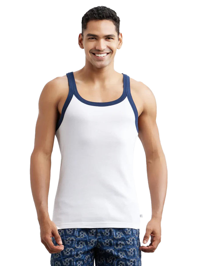 Men's Super Combed Cotton Rib Square Neck White Gym Vest