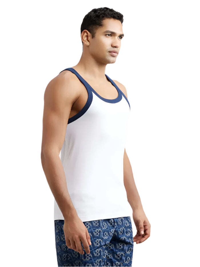 Men's Super Combed Cotton Rib Square Neck White Gym Vest