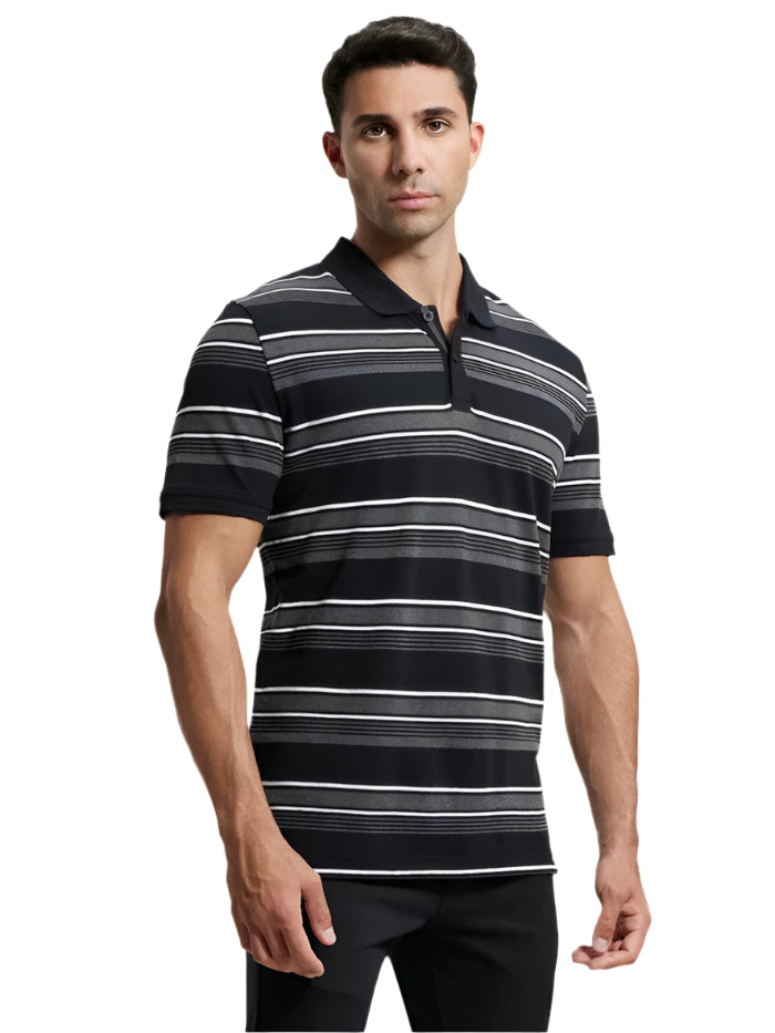 Men's Super Combed Cotton Rich Striped Black & Charcoal Melange Polo T-Shirt