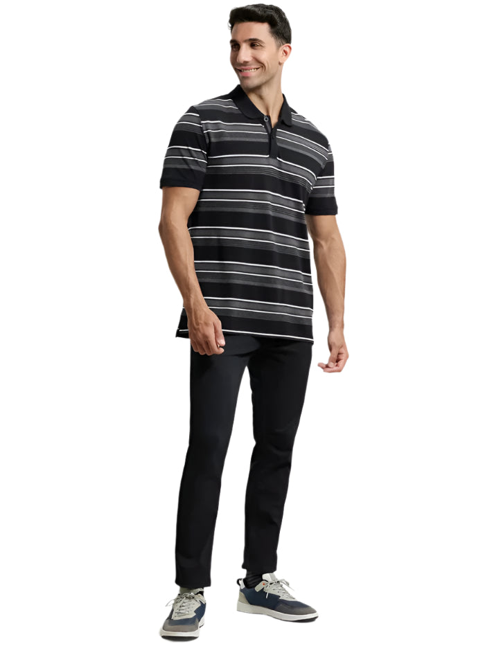 Men&#39;s Super Combed Cotton Rich Striped Black &amp; Charcoal Melange Polo T-Shirt