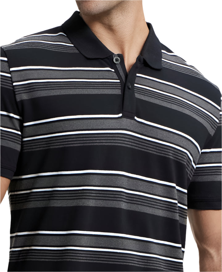 Men&#39;s Super Combed Cotton Rich Striped Black &amp; Charcoal Melange Polo T-Shirt
