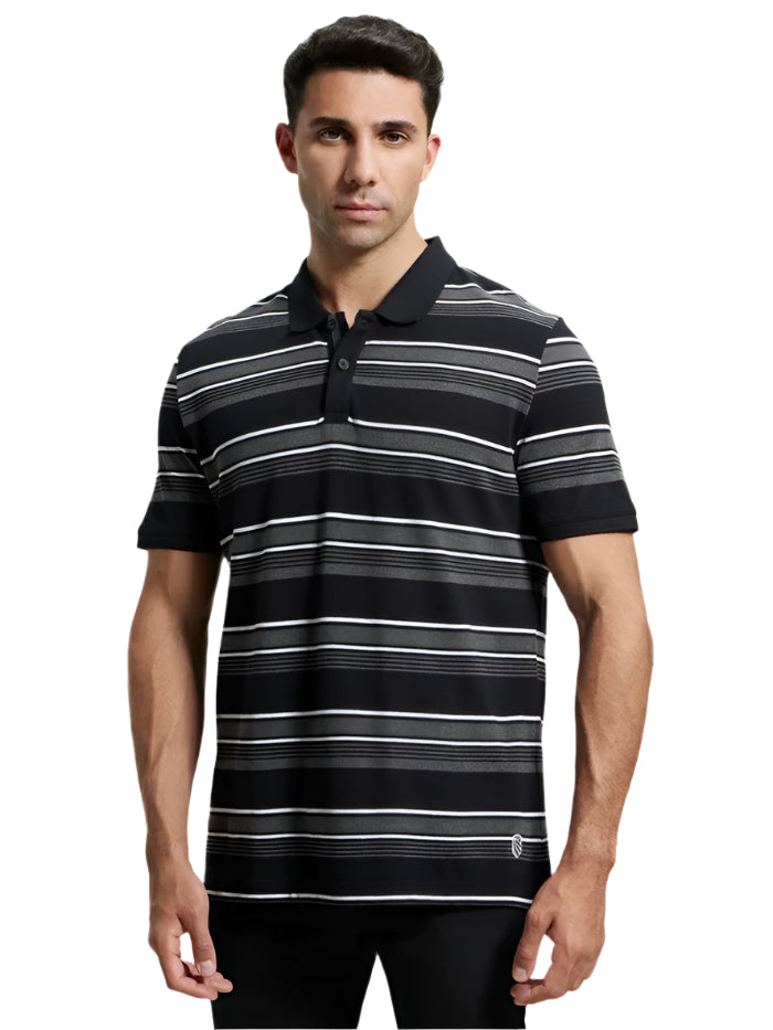 Men's Super Combed Cotton Rich Striped Black & Charcoal Melange Polo T-Shirt