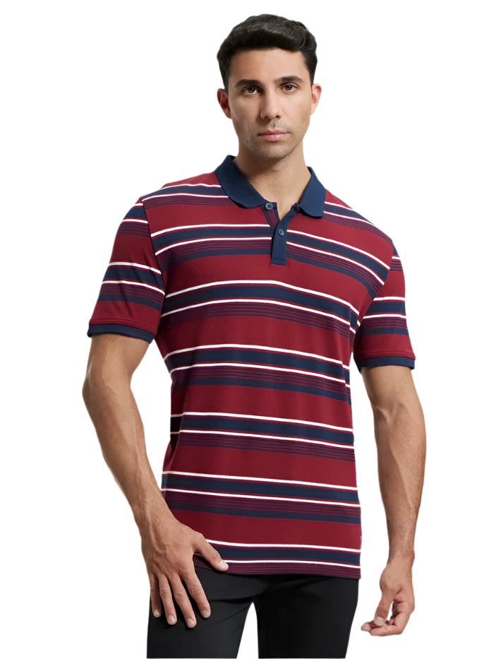 Men's Super Combed Cotton Rich Striped Deep Red & Navy Polo T-Shirt