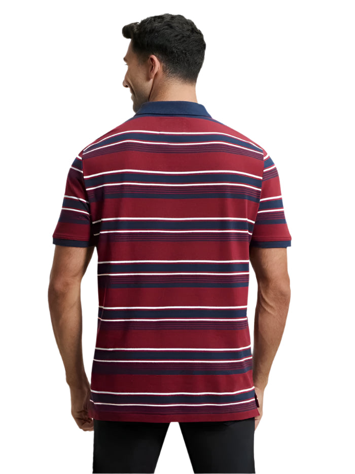Men's Super Combed Cotton Rich Striped Deep Red & Navy Polo T-Shirt
