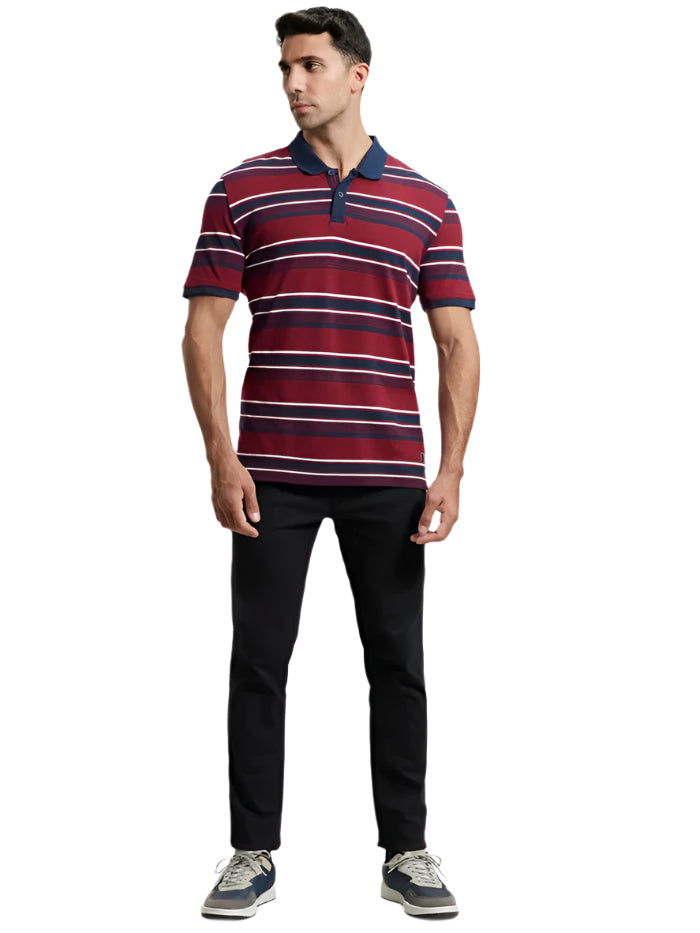 Men&#39;s Super Combed Cotton Rich Striped Deep Red &amp; Navy Polo T-Shirt
