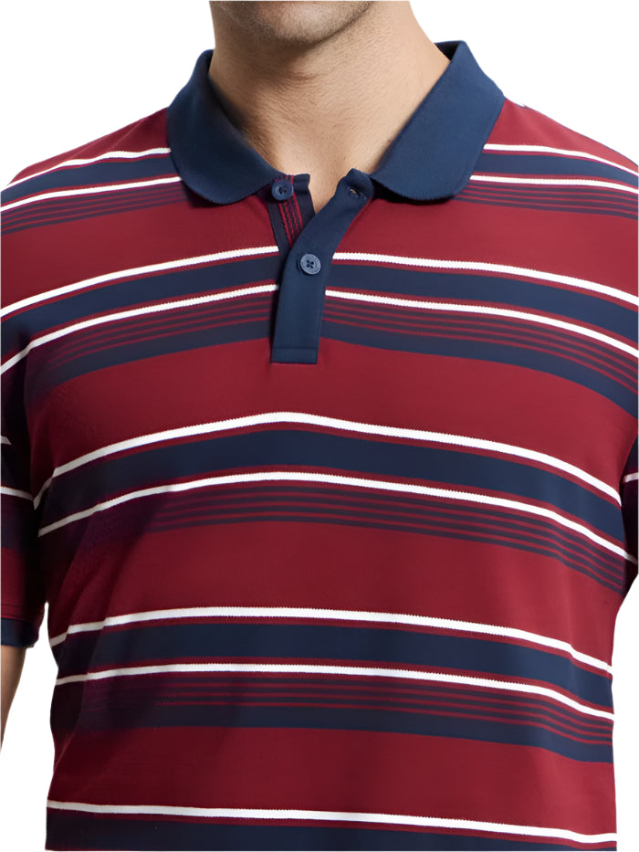 Men&#39;s Super Combed Cotton Rich Striped Deep Red &amp; Navy Polo T-Shirt