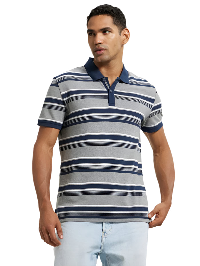 Men's Super Combed Cotton Rich Striped Grey Melange & Navy Polo T-Shirt