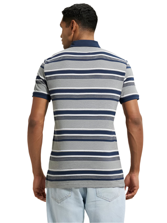 Men&#39;s Super Combed Cotton Rich Striped Grey Melange &amp; Navy Polo T-Shirt