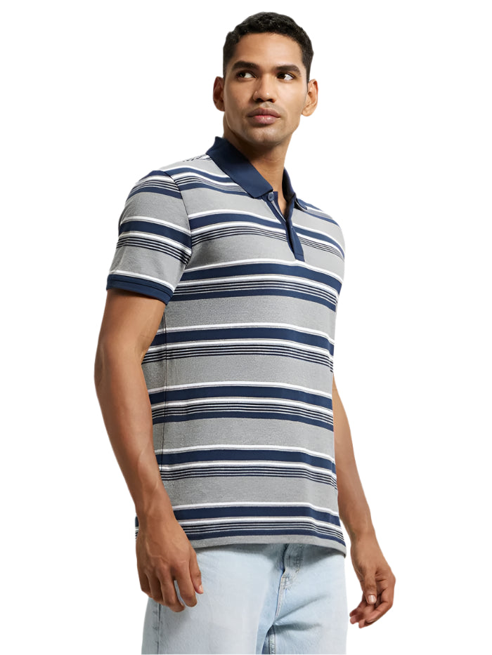 Men's Super Combed Cotton Rich Striped Grey Melange & Navy Polo T-Shirt