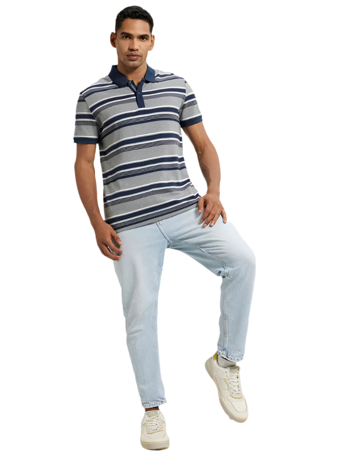 Men&#39;s Super Combed Cotton Rich Striped Grey Melange &amp; Navy Polo T-Shirt
