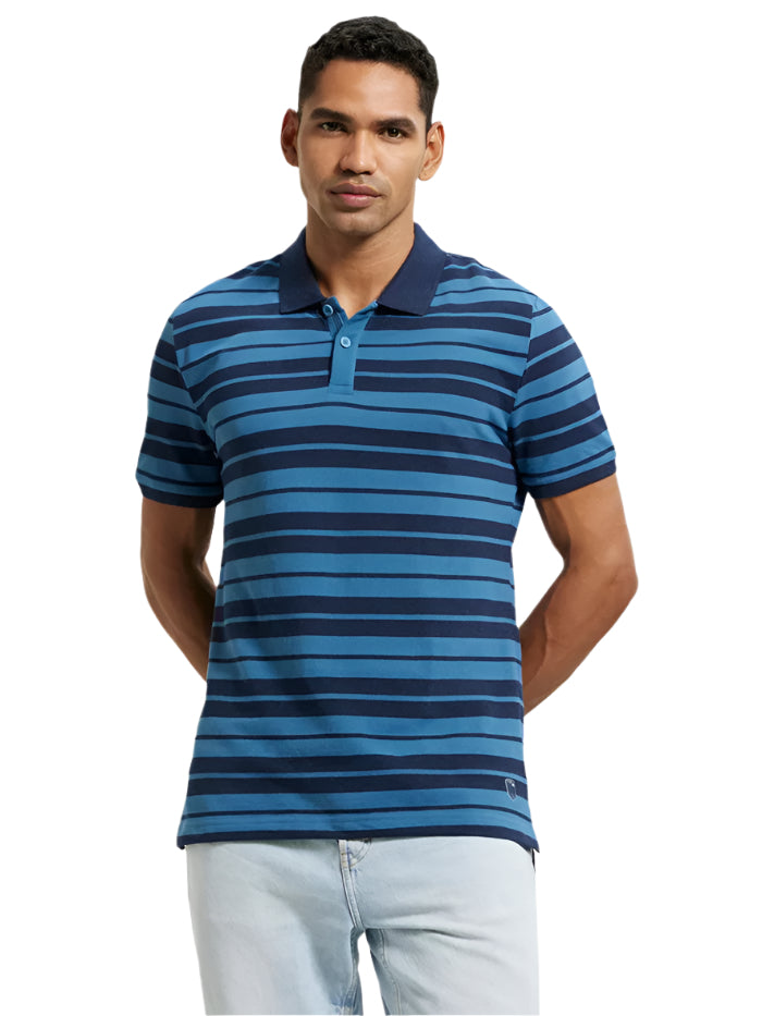 Men's Super Combed Cotton Rich Striped Stellar & Navy Melange Polo T-Shirt