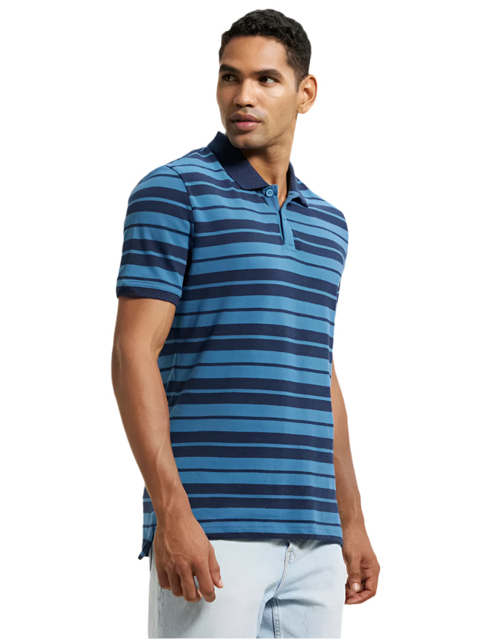 Men's Super Combed Cotton Rich Striped Stellar & Navy Melange Polo T-Shirt