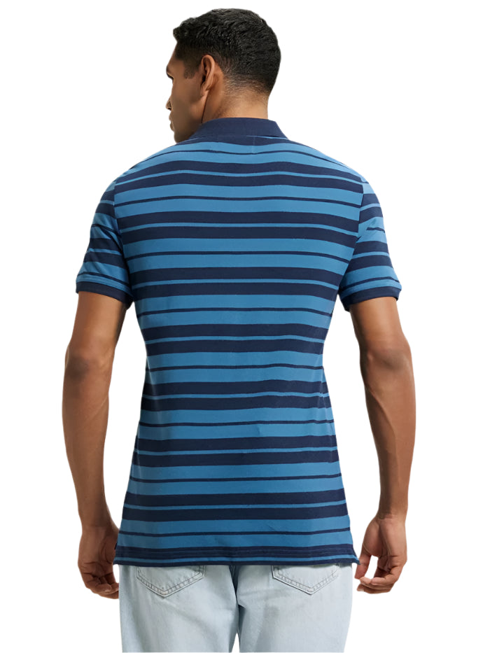 Men&#39;s Super Combed Cotton Rich Striped Stellar &amp; Navy Melange Polo T-Shirt