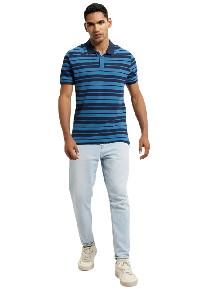 Men&#39;s Super Combed Cotton Rich Striped Stellar &amp; Navy Melange Polo T-Shirt