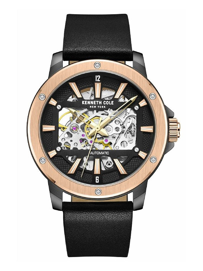 KENNETH COLE MEN'S LEATHER STRAP AUTOMATIC SKELETON WATCH