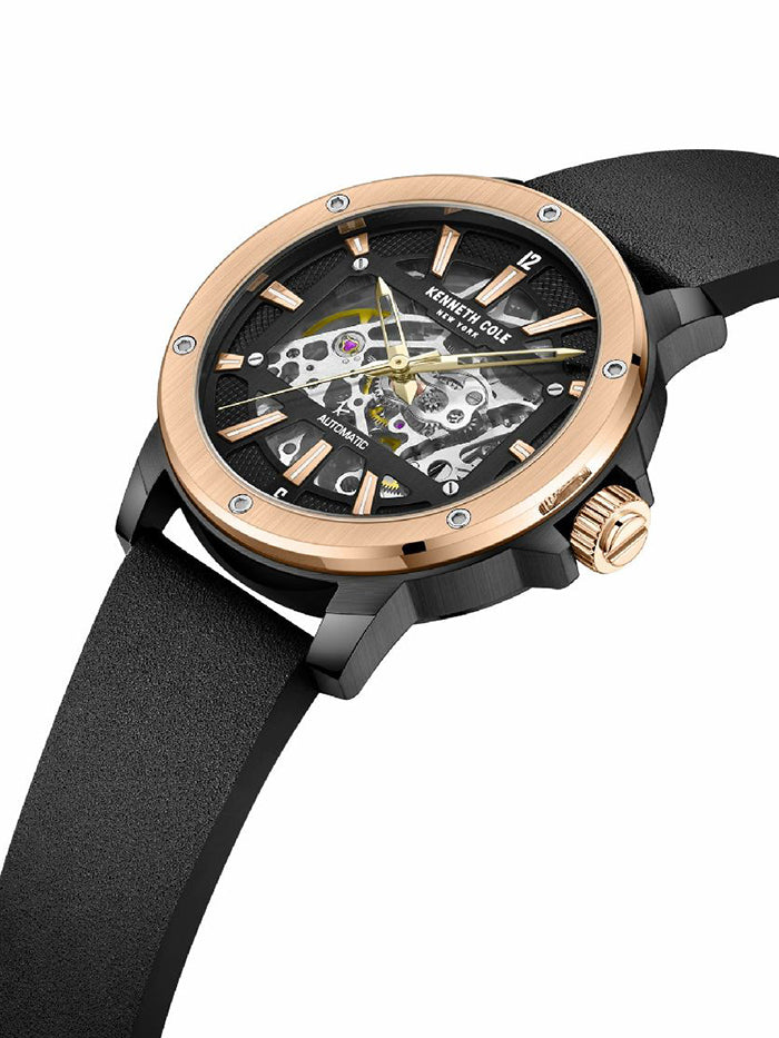 KENNETH COLE MEN'S LEATHER STRAP AUTOMATIC SKELETON WATCH