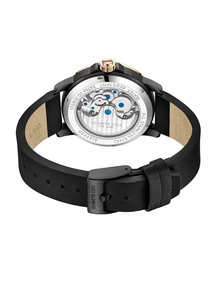 KENNETH COLE MEN'S LEATHER STRAP AUTOMATIC SKELETON WATCH