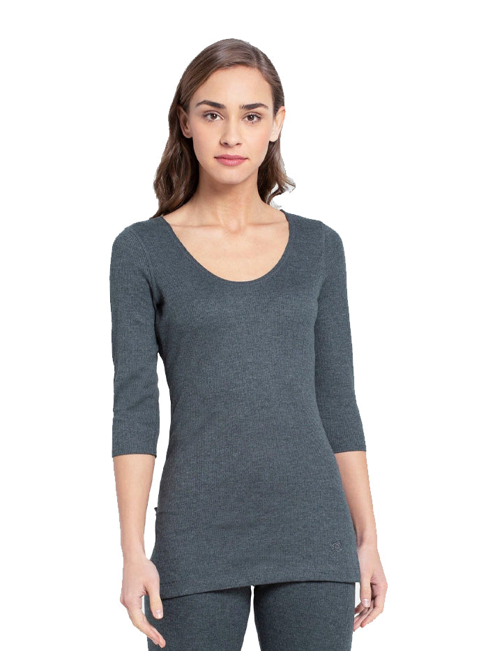 Ladies Charcoal Melange Thermal 3 quarter Sleeve Top