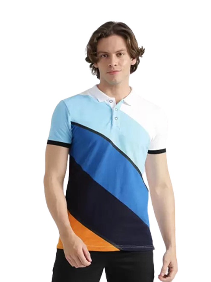 Printed Men Polo Neck Blue T-Shirt