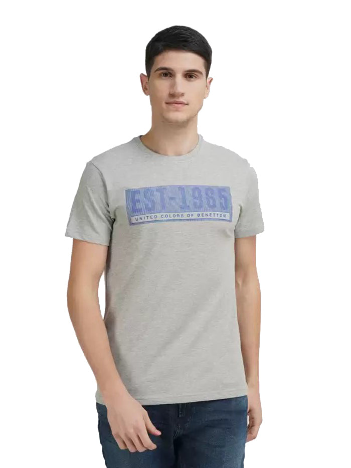 Printed Men Round Neck Grey T-Shirt