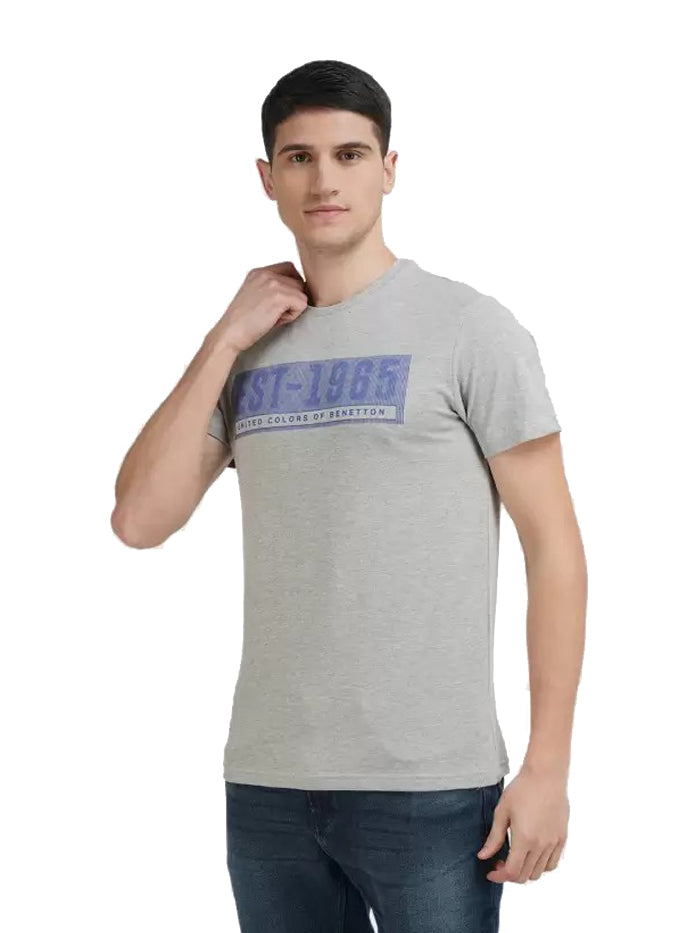 Printed Men Round Neck Grey T-Shirt