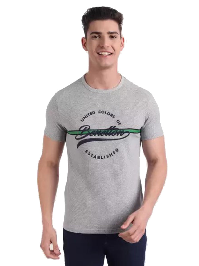 Typography Men Round Neck Grey T-Shirt