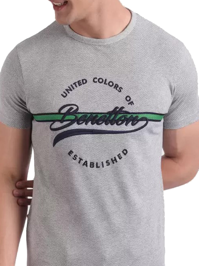 Typography Men Round Neck Grey T-Shirt