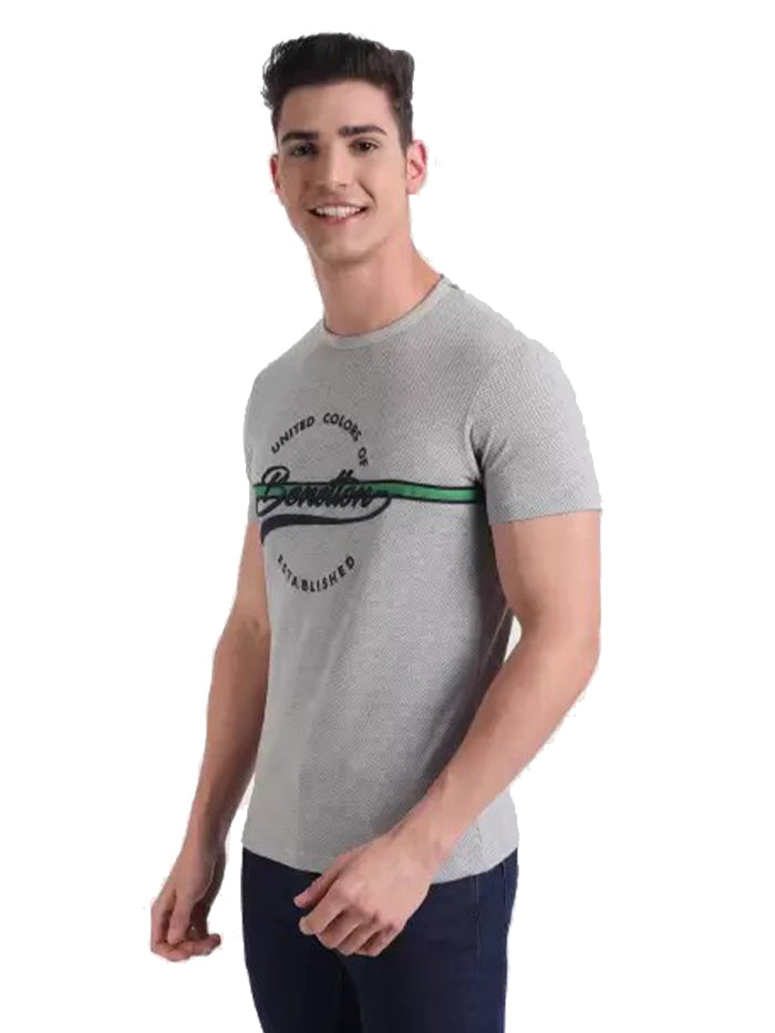 Typography Men Round Neck Grey T-Shirt