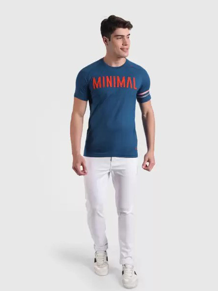 Typography Men Round Neck Blue T-Shirt