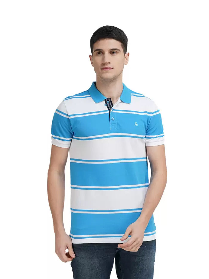 Striped Men Polo Neck Blue T-Shirt