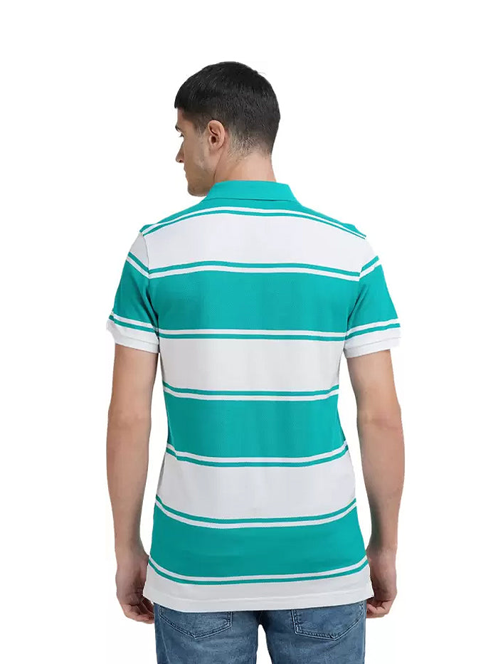 Striped Men Polo Neck Green T-Shirt