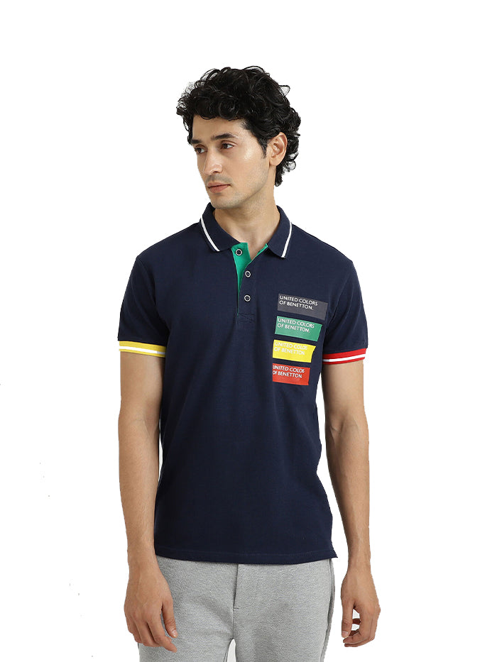 UNITED COLORS OF BENETTON NAVY BLUE PRINTED POLO T-SHIRT