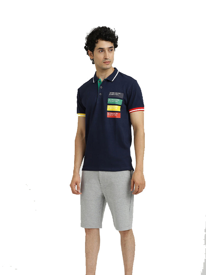 UNITED COLORS OF BENETTON NAVY BLUE PRINTED POLO T-SHIRT
