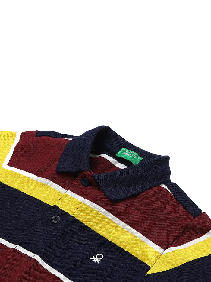 UNITED COLORS OF BENETTON MAROON AND NAVY BLUE STRIPED POLO T-SHIRT