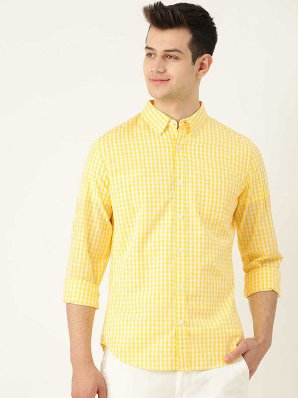 Men Slim Fit Checkered Button Down Collar Casual Shirt