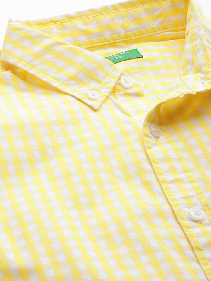 Men Slim Fit Checkered Button Down Collar Casual Shirt